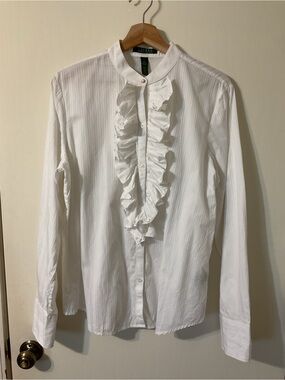 Ralph Lauren Ruffle Front Equestrian White Pinstripe 100% Cotton Dress Shirt XL